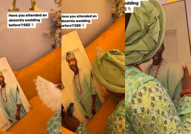 “This looks really awkward” – Reactions as bride weds absent groom’s photo, video goes viral