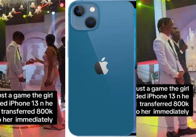 “Money dey, na we broke” – Man shocks many, transfers ₦800k to lady during wedding game as she requests iPhone 13 Pro Max