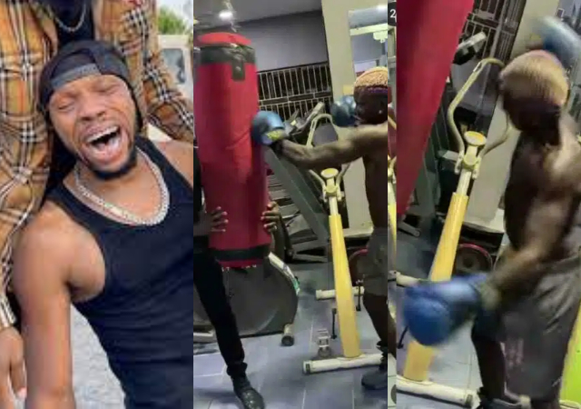 “Charles go dey shake now” – Reactions as Portable goes all out on a boxing bag following upcoming match with Charles Okocha