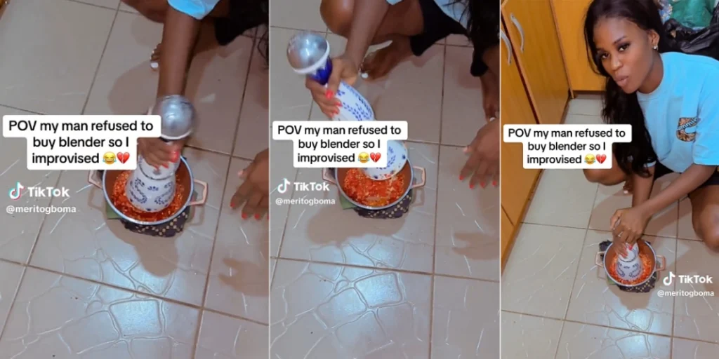 'Omo see rough play for Azul' - Nigerian lady uses her boyfriend Azul bottle to grind pepper