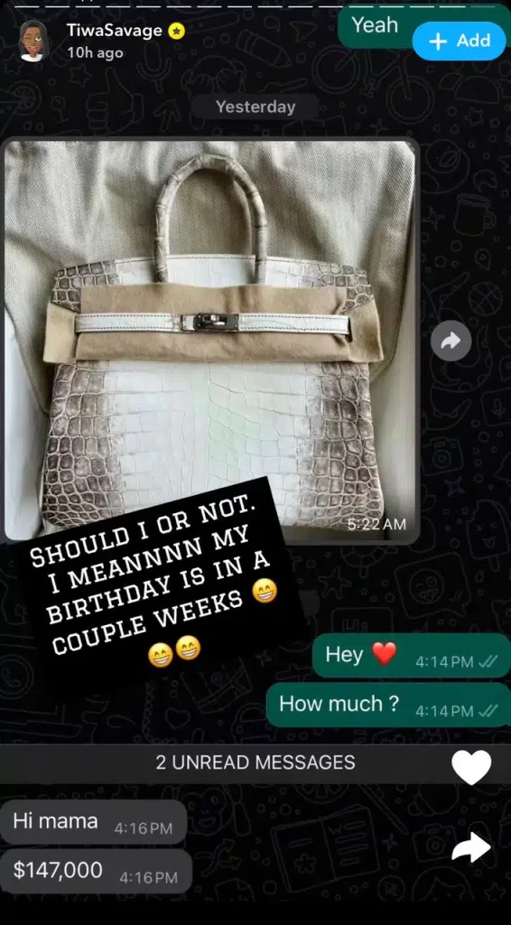 “ If the money dey spend am o” – Reactions as Tiwa Savage set to gift herself a designer bag worth N147M