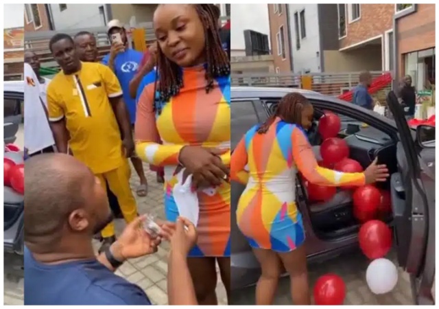 “How come you don’t know the size of my finger?” –Lady asks as boyfriend proposes with iPhone 15 Pro Max and a new car