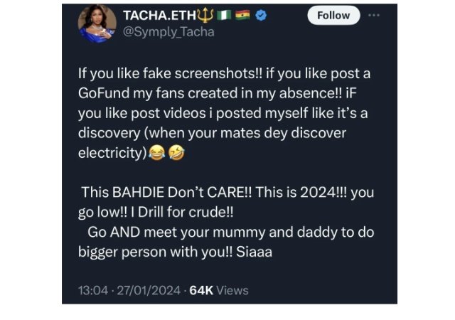 “The GoFundMe was created by my fans in my absence” - Tacha replies online diggers association