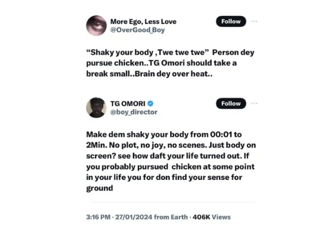 TG Omori addreses a troll who criticized Kizz Daniel and Davido's "Twe Twe" music video.