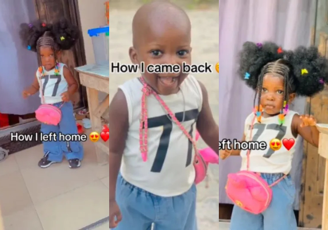 “From pretty girl to fine boy” – Mother shocked as daughter returns home with bald head after installing braided wig