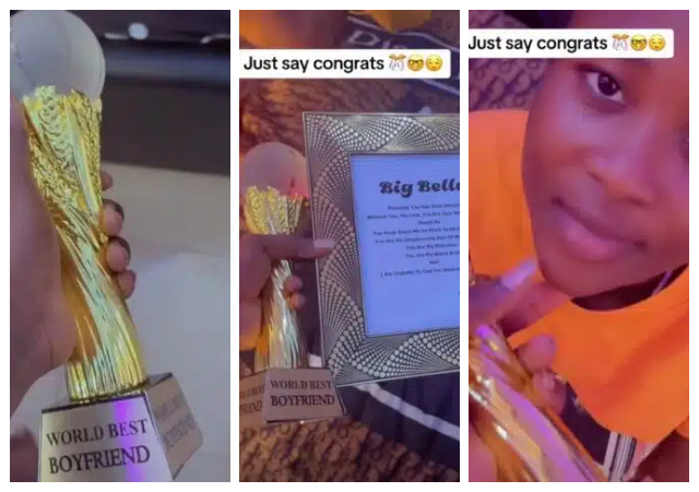 “Let the single breath don’t suffocate us" -Reactions as lady presents her boyfriend with the 'world's best boyfriend' award