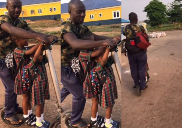 “So beautiful to watch” - Nigerian dad sparks reactions as he carries his daughters to school on scooter