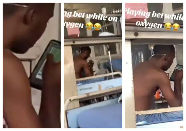 “Real definition of hustle till ur last breath goes off” - Reactions as Nigerian man is seen playing bet while on oxygen in the hospital