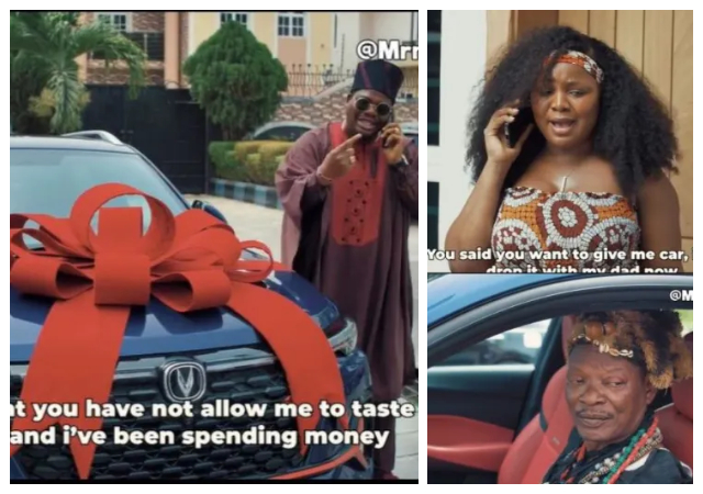 "Wahala pro max" - Mr. Macaroni sparks discussions online as he loses car gift to side-chicks dad Baba Lalude