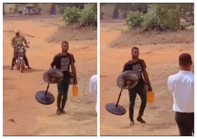 “E reach to bring oooo” - Reactions as student brings standing fan to school to cool himself