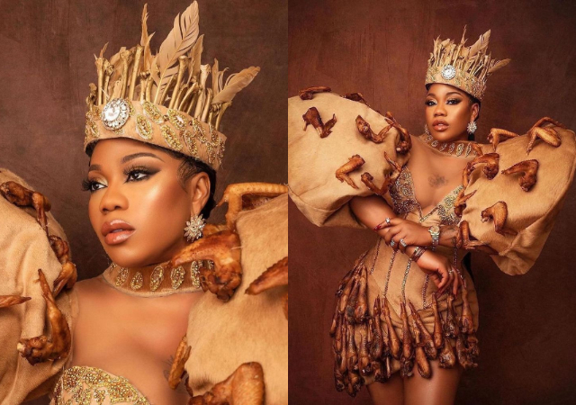 "In this economy" - Toyin Lawani causes a buzz online as she creates a dress with fried chicken