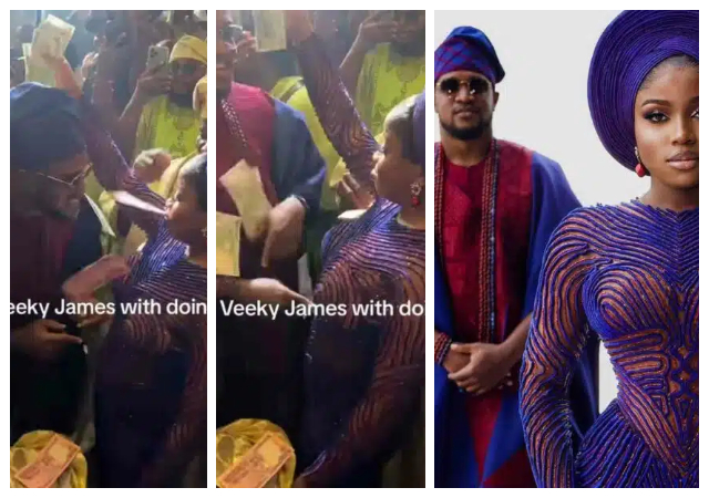 “E come be like say na she the marry the femi" - Veekee James rains money on her husband on their traditional wedding days