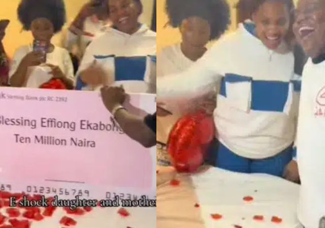 "Poor man pikin go say na 10,000" - Reactions as man surprises wife with N10M cheque