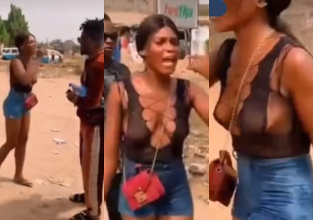 “Dress how you want to be addressed" - Reactions as Young men harass lady over indecent attire she wore to the motor park