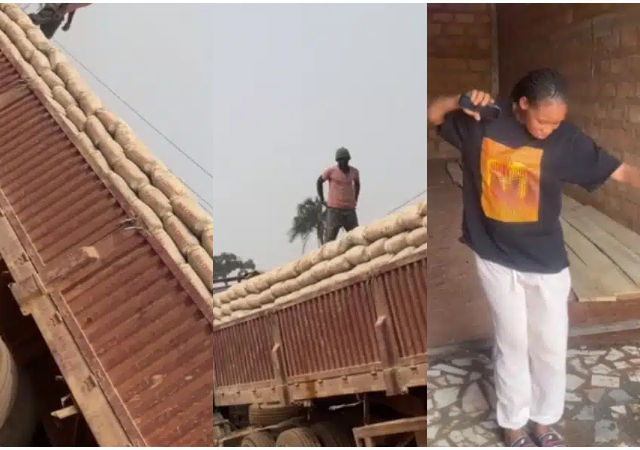 Lady wows many as she kicks off cement business, brings in a huge truck to offload hundreds of bags
