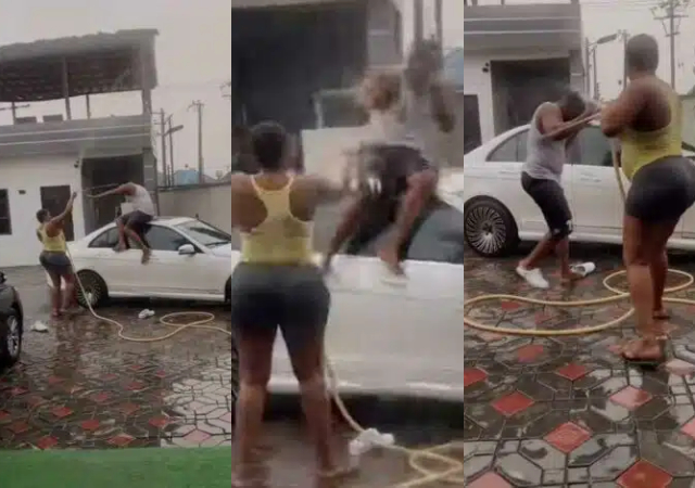 "Make una sha no knack head on top tile" - Reactions as Little girl bemoans as she sees her parents playing under rain