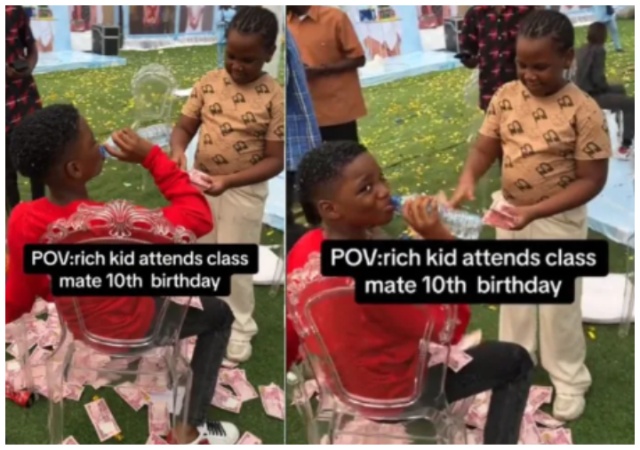 “poor people go say they are spoiling the child” - Reactions as rich kid makes money rain on classmate's 10th birthday.
