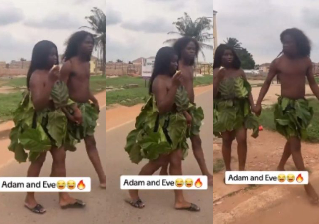 “Eve get mind dey wear slippers” – Video goes viral as UNIBEN students dresses like Adam and Eve on costume day