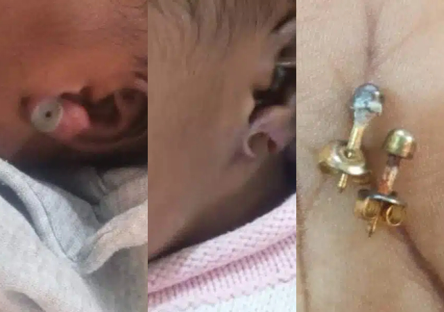 "Some people shouldn’t be parents” - Woman faces criticisms as new born nearly loses ear after she pierced it at one week old