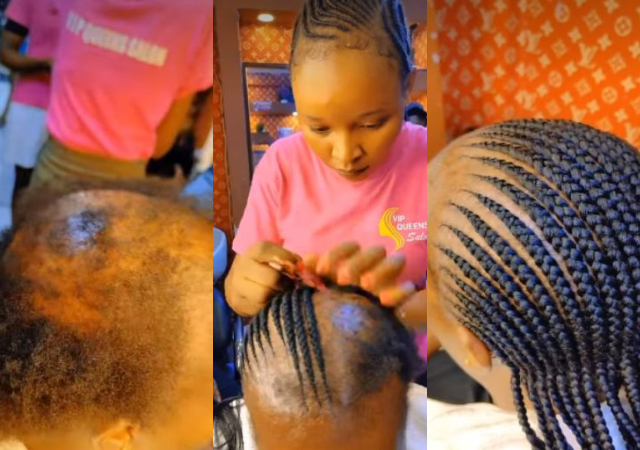 “This hairdresser fit hold destiny” - Hairstylist sparks reactions as she neatly installs braids on customer with scanty hair