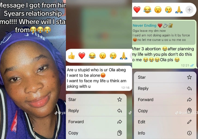 “After 3 abortions, Ola please” – Lady reveals breakup chat with boyfriend after 5-year relationship