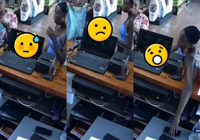 “Her face show, her shoe shine - Reactions as CCTV catches lady stealing phone at a store