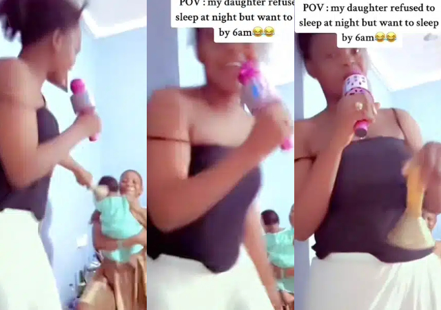 "Abeg forgive am" - Mother organizes concert with bell and microphone for daughter who refused to let her sleep at night