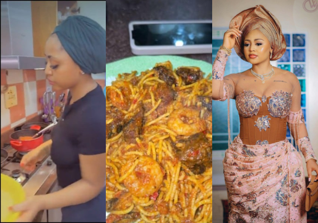 “Na the same stew I cooked yesterday Na Ned remain" - Reactions as Regina Daniels shows off her cooking skills