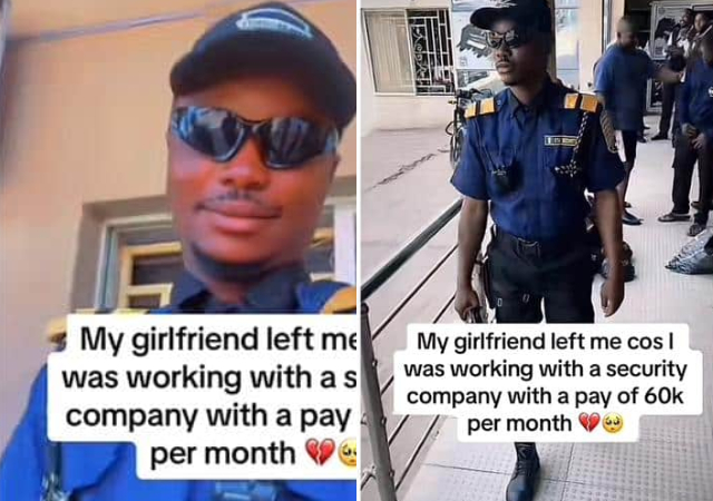 Security officer cries out as girlfriend left him over N50k salary