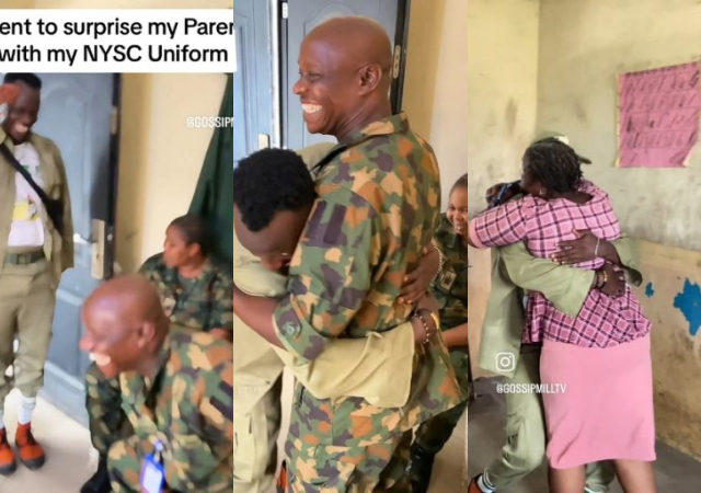 Moment corper in NYSC uniform paid a surprise visit to his parents at their work places, salutes them