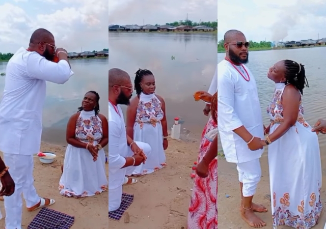 "If dem decorate am e go be beach wedding”- Couple hold wedding ceremony by riverside