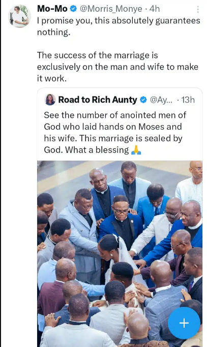 “This guarantees nothing” – Influencer, Morris reacts viral photo of pastors laying hands on Moses Bliss and wife