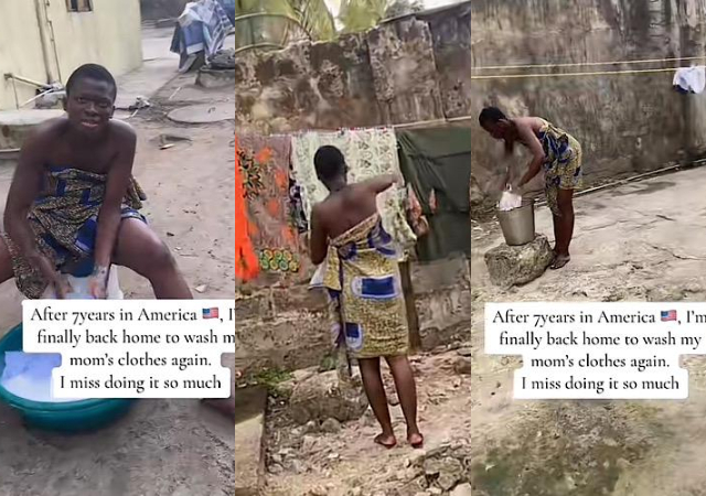 “United States of Ghana” – Reactions as lady returns from America after 7 years to wash mother’s clothes