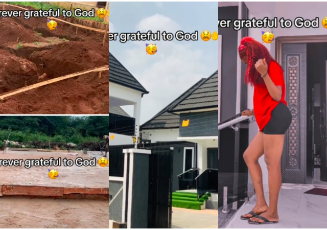 “Congratulations" - Nigerian lady sparks reactions online as she shows off huge mansion she built