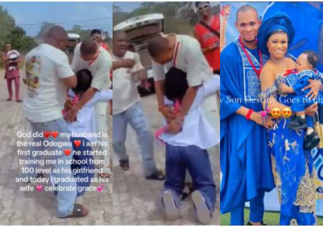 "He started paying my school fees as his girlfriend"- Moment wife kneels for hubby at graduation