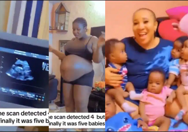"Baba go just hang boot jejely” - reactions as lady gives birth to 5 babies after scan detected 4