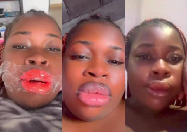 Nigerian lady cries bitterly as lip blushing goes wrong