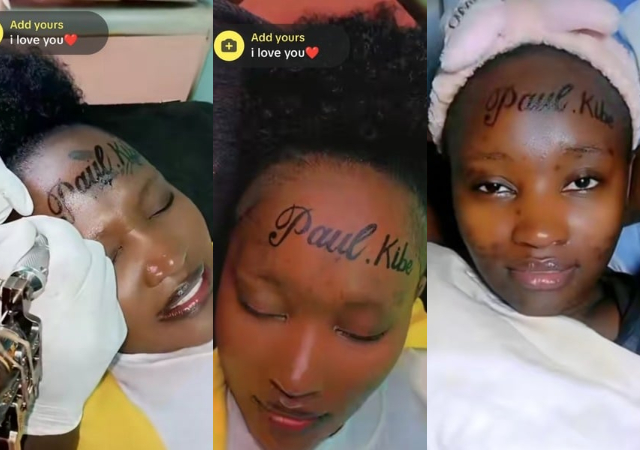 "Premium tears loading" - Lady sparks reactions as she  tattoos boyfriend’s name, 'Paul Kibe' on forehead