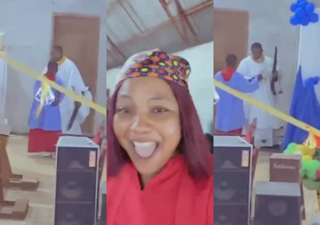 Nigerian lady praises Reverend Father as he shoots a gun during service