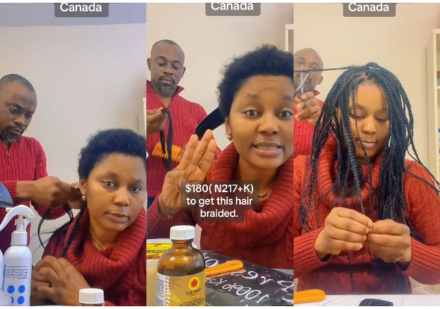 "Oga collect your money oo" - Canada-based man sparks reactions as he braids wife's hair due to high costs of saloon visits