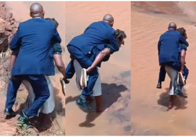Woman sparks debates online as she's spotted carrying her husband on her back while crossing muddy road 