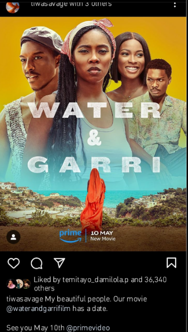 Tiwa Savage shares premiere date for her debut movie “Water & Garri”