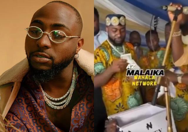 “Showing example" - Netizens as Davido throws stack of cash into money box in an event