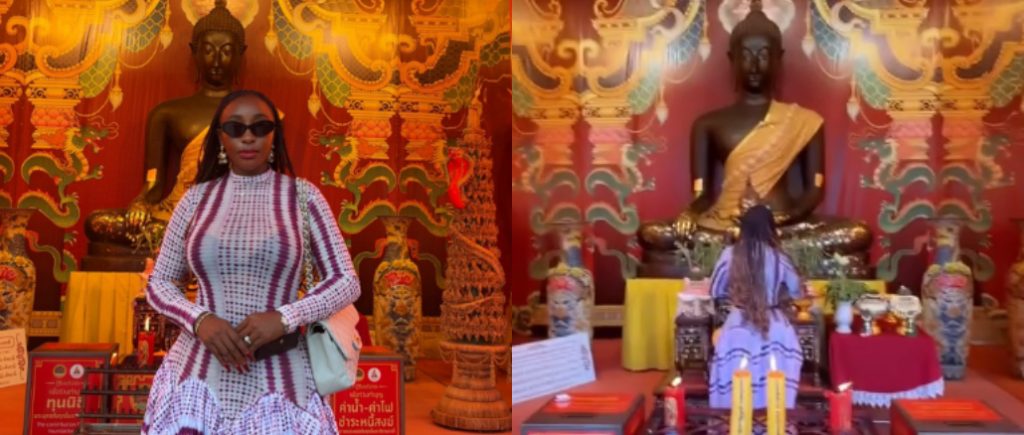 Ini Edo Sparks Reactions as She Prays for Nigeria at Buddhist Temple

