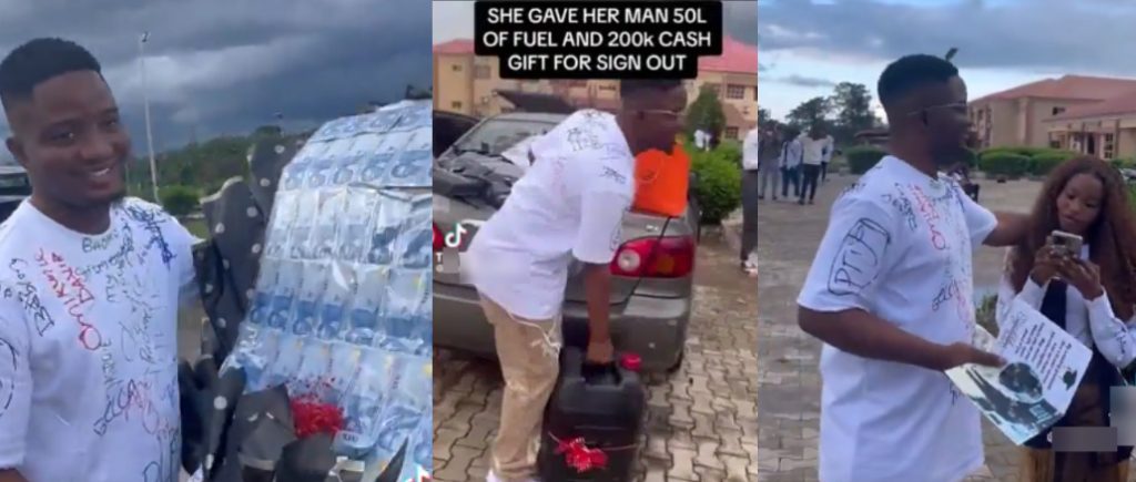 Nigerian Lady Gifts Boyfriend ₦200K, Money Bouquet & 20-Litre Fuel on Sign-Out Day

