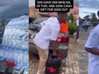 Nigerian Lady Gifts Boyfriend ₦200K, Money Bouquet & 20-Litre Fuel on Sign-Out Day