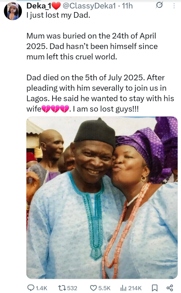 “Dad Was Never the Same After Mum Left” Woman Mourns Father’s Death